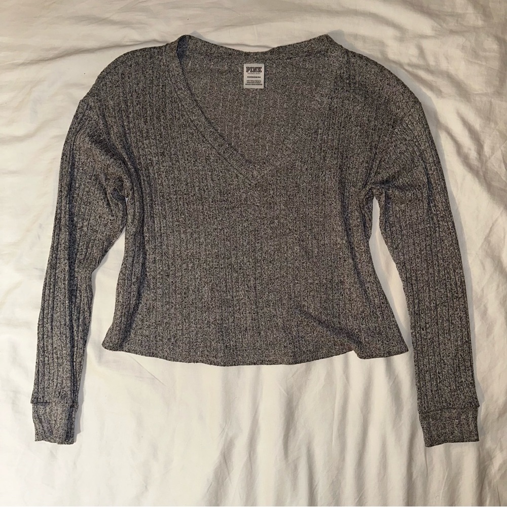 ♥️ Victoria’s Secret Pink V-Neck Cropped Sweater Jumper Heather Grey XS